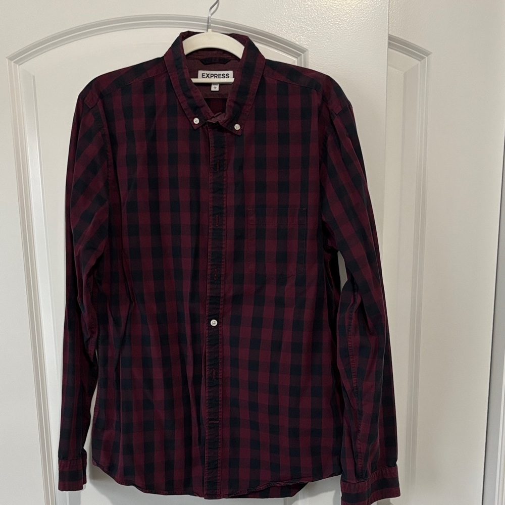 Express Men's Burgundy and Black Plaid Shirt
